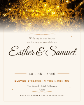Wedding invitation in cream and gold script: Esther & Samuel