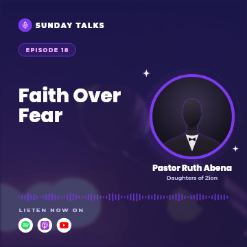 Podcast episode card: “Faith Over Fear” with an audio waveform